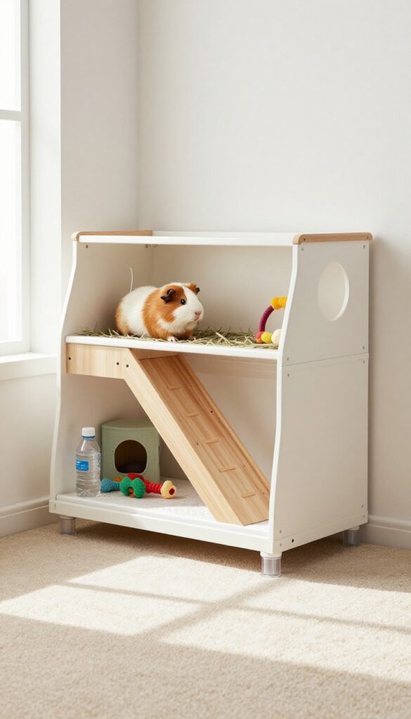 Wall-mounted guinea pig hutch with attached floor pen in a bright living room, showing vertical space use and play area.