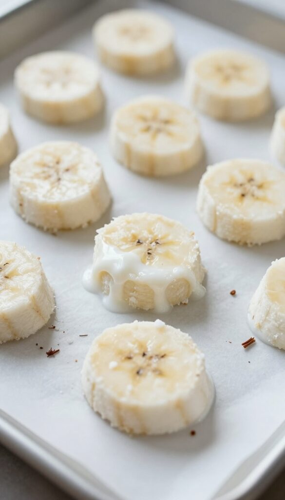 Frozen banana and coconut yogurt drops for dogs on a baking sheet