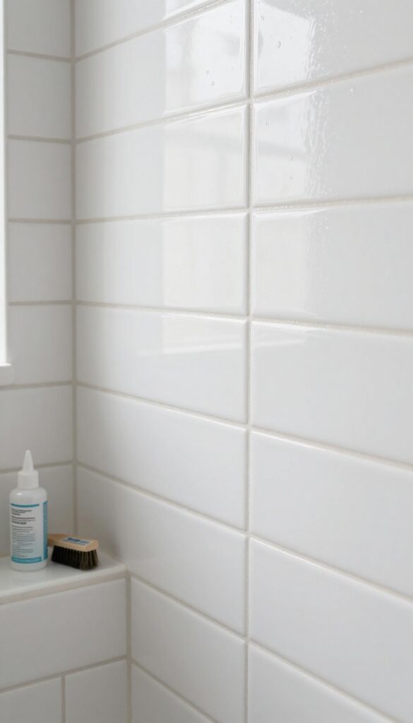 Close-up of sealed shower tiles and grout with water beading, applicator brush and sealer bottle nearby