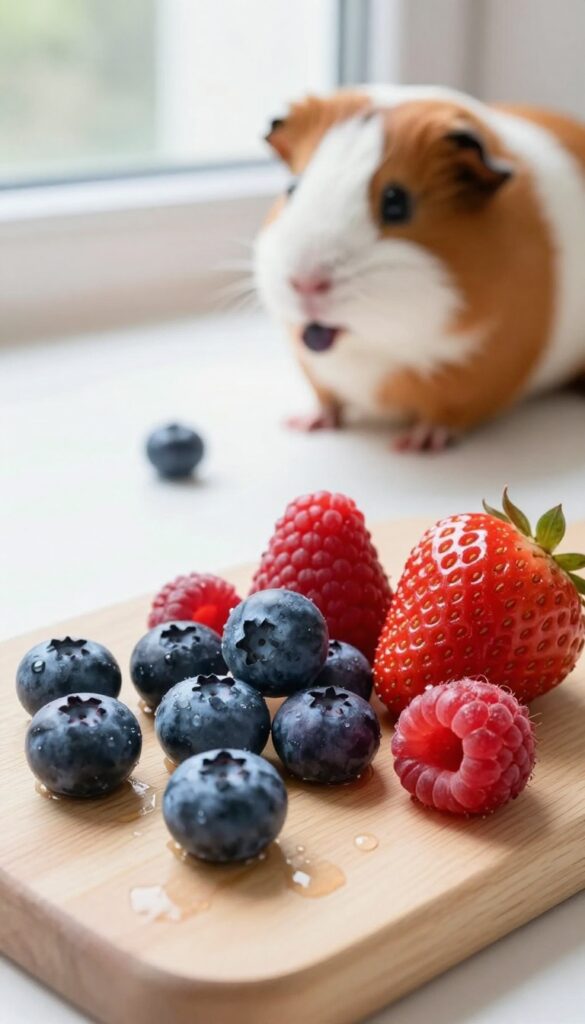 Thawed frozen mixed berries on a wooden board with a guinea pig in the background
