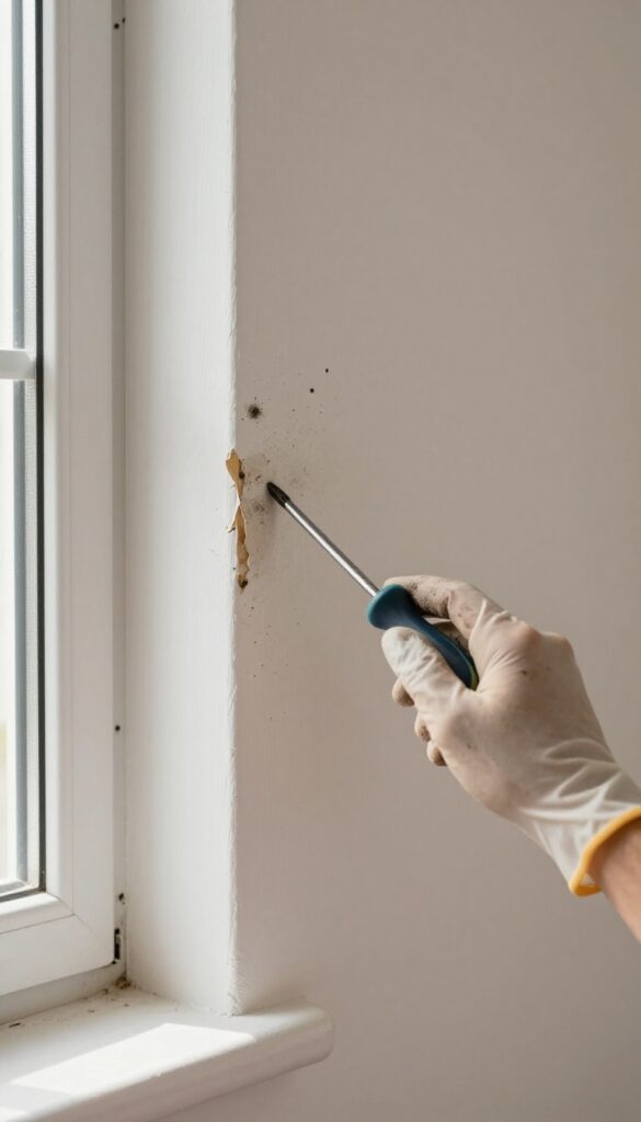 Gloved hand probing moldy drywall with a screwdriver to check for deep damage