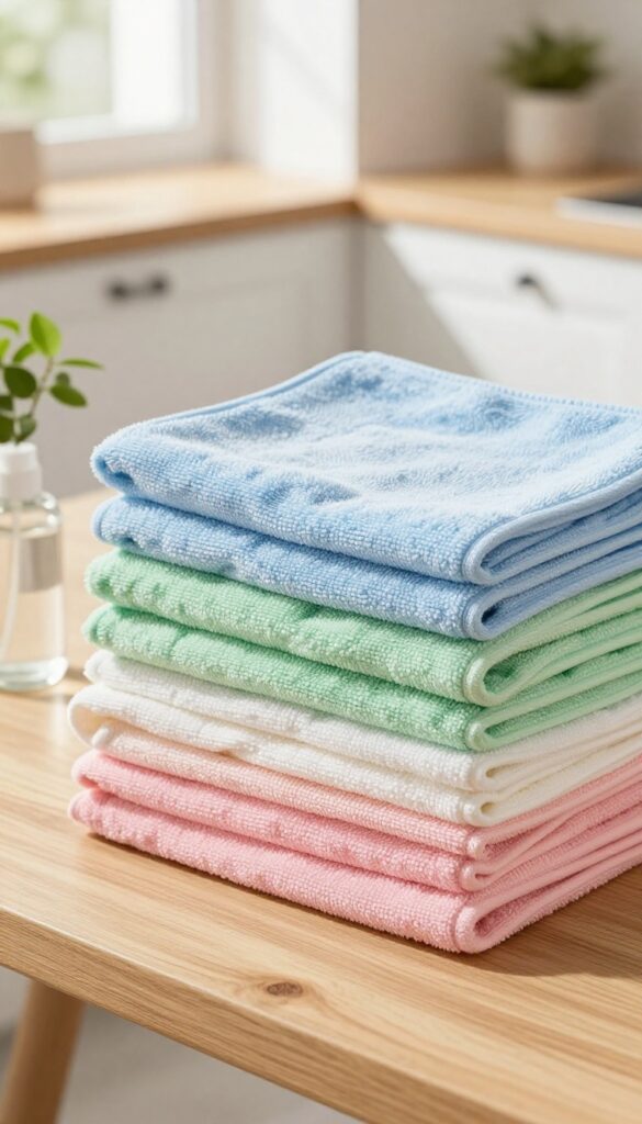Stack of colorful microfiber cloths on a wooden table with a spray bottle and plant in a bright kitchen