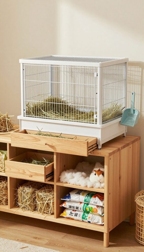 Guinea pig cage with built-in storage drawers and shelves underneath, organized with hay and bedding supplies.