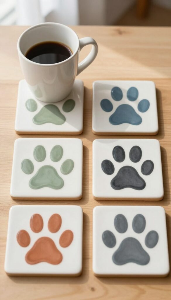 Set of four ceramic coasters with colorful dog paw prints on a wooden table, one with a coffee mug.