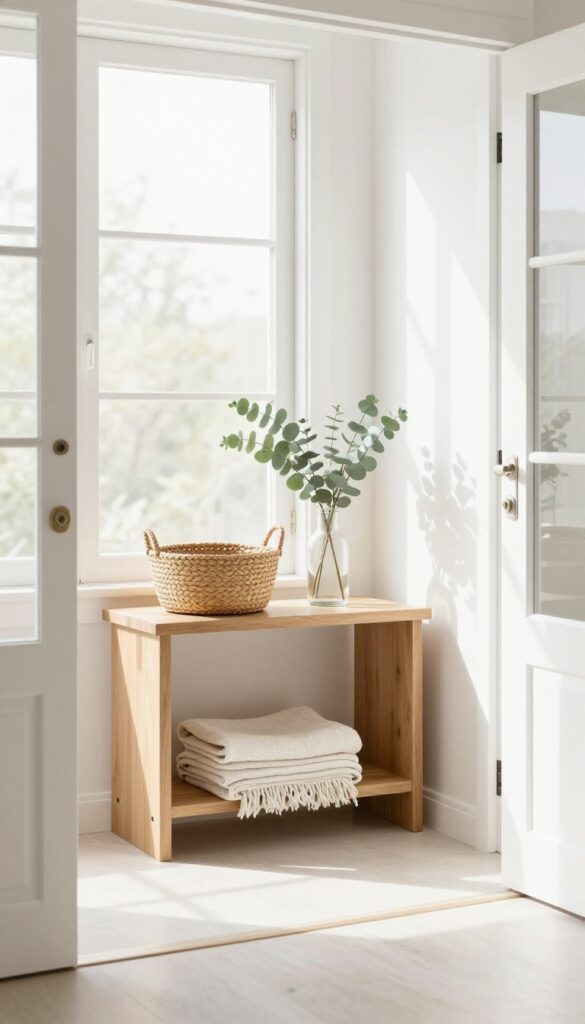 Clean and organized entryway with natural light, console table, and fresh eucalyptus