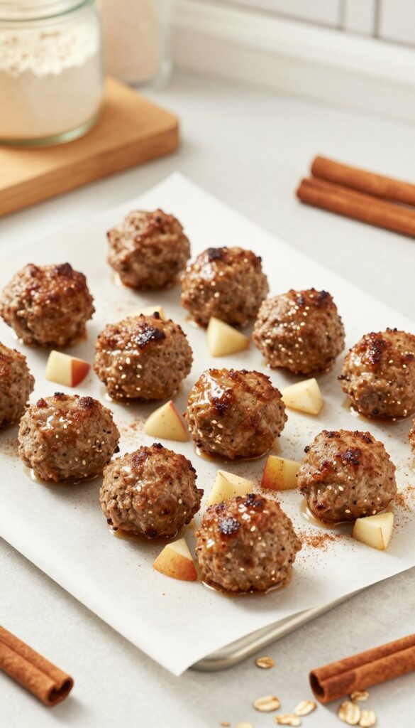 Homemade beef and apple cinnamon dog meatballs baked on a parchment sheet, with diced apple and cinnamon visible, natural light, pet-blog style.