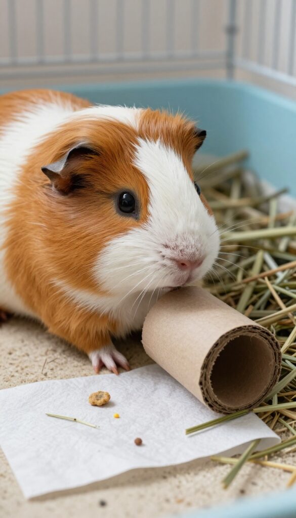 Guinea pig exploring a DIY toilet paper roll puzzle toy filled with treats.