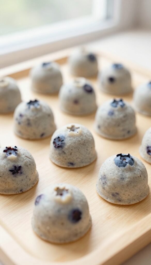 Homemade frozen oatmeal and blueberry dog treats in a silicone mold, ready for serving as a puzzle feeder snack.