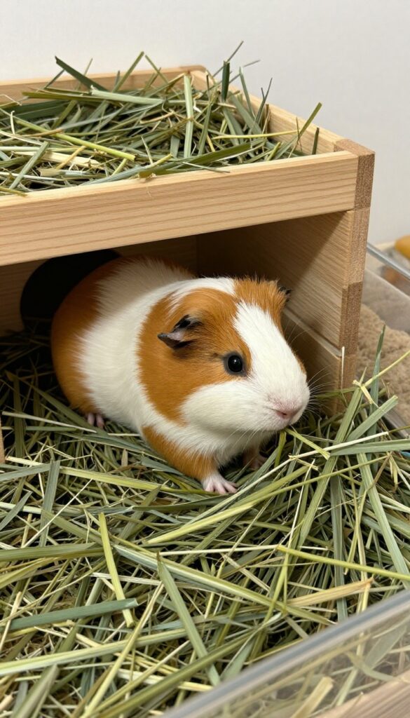 Guinea pig pulling hay from a wooden hay rack attached to cage bars, with clean bedding and hideout nearby.