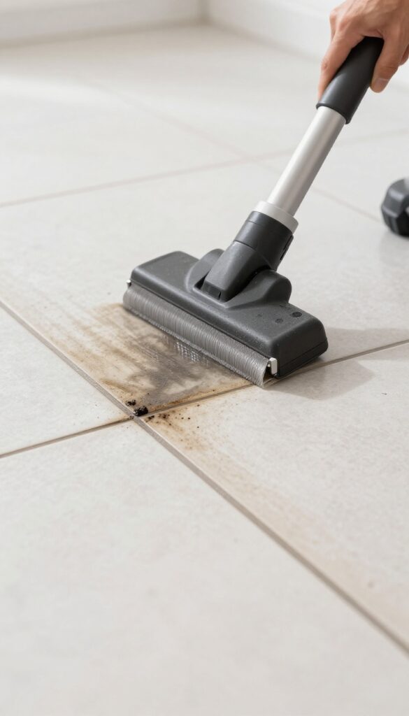 Professional grout restoration using industrial steam cleaner on tile floor