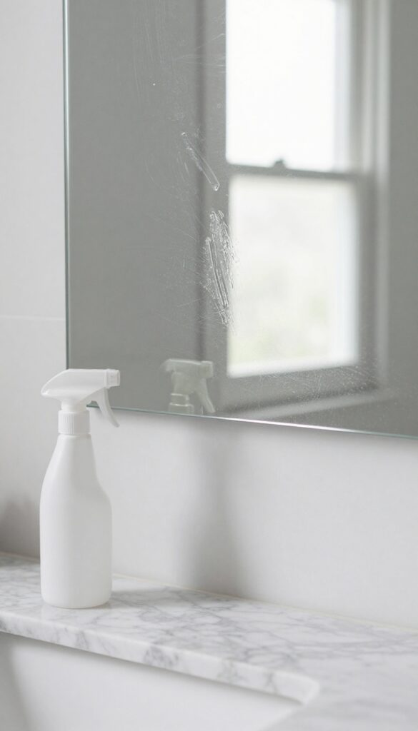 Cleaning a bathroom mirror with vinegar and water solution using a microfiber cloth, showing streak-free shine.