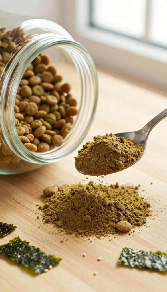 Homemade seaweed and sesame sprinkle dust being added to a dog's kibble bowl