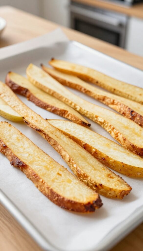 Homemade parsnip and apple dog treats arranged on a baking sheet, crispy and golden brown.