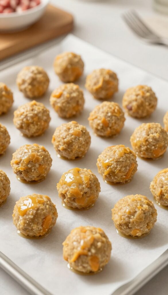 Homemade pork and sweet potato meatballs for dogs, baked on a parchment-lined sheet in natural light.