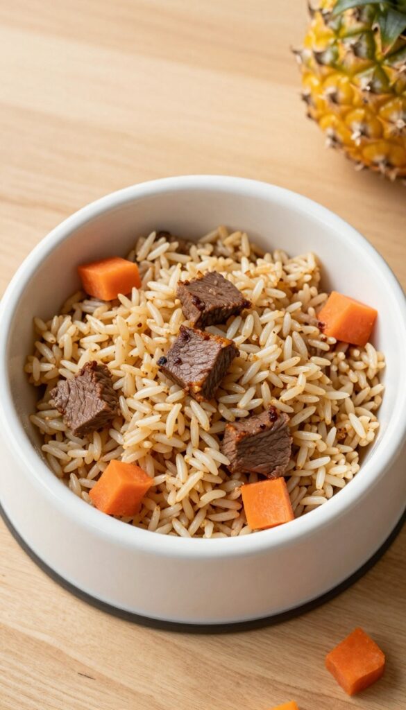 Dog bowl with beef heart, brown rice, and carrots homemade dog meal