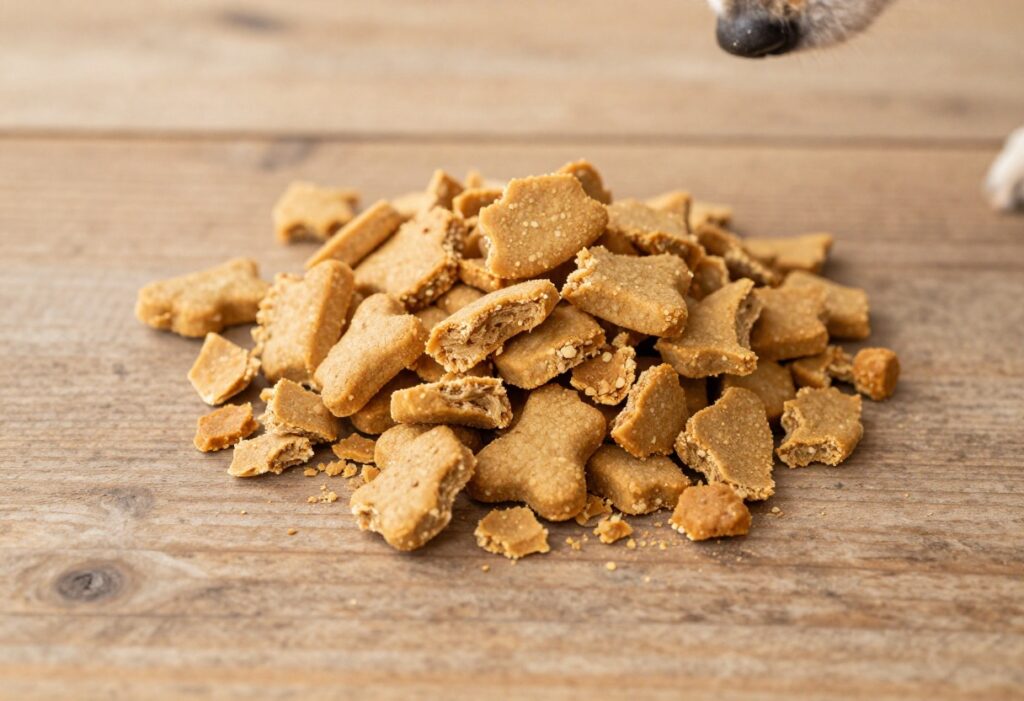 Homemade dog training treat crumbles on a wooden table with a dog sniffing nearby.