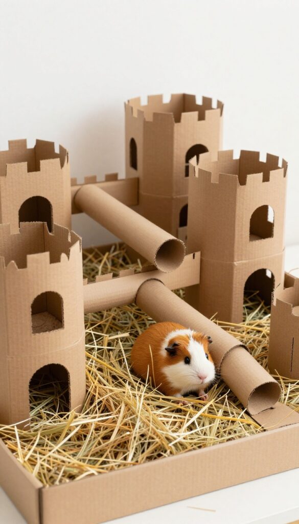 DIY cardboard castle with hay moats for guinea pig habitat