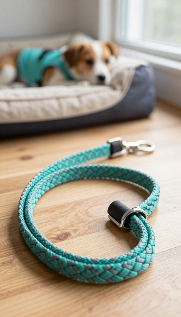 Decorative paracord dog leash with diamond weave pattern in teal and gray on a wooden surface, with dog bed and collar in background.