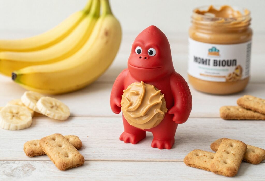 Red Kong stuffed with peanut butter and banana, surrounded by fresh ingredients on a wooden table, homemade dog treat photography.