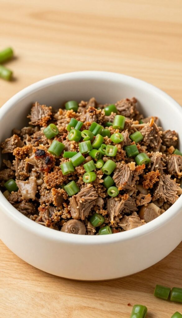 Homemade dog meal of rabbit and green bean skillet in a dog bowl, natural light, pet food photography.