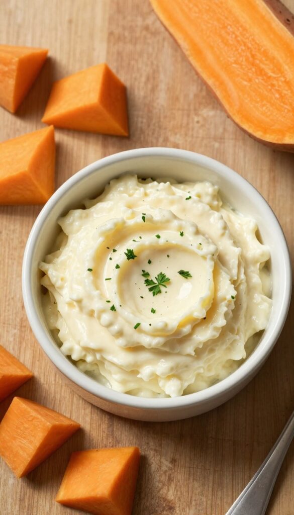 Homemade cottage cheese and sweet potato mash dog food topper in a ceramic bowl with fresh ingredients on a wooden surface.