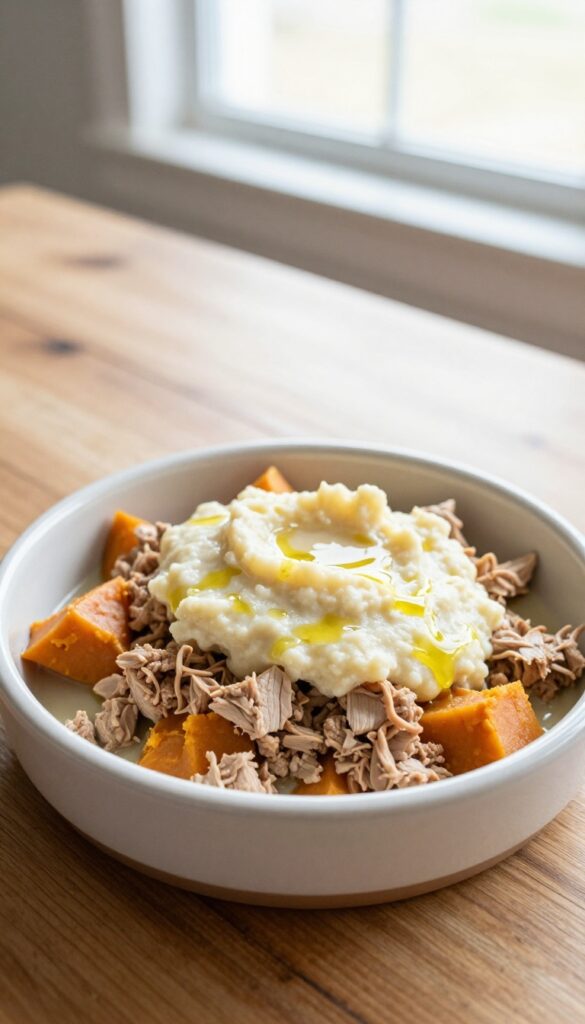 Homemade dog food bowl with polenta, ground turkey, and sweet potato, served in a ceramic bowl on a wooden table, natural lighting.