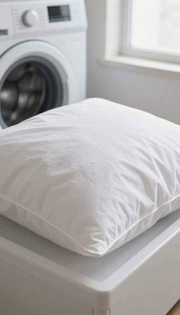 Close-up of a clean white pillow with water droplets in a bright laundry room