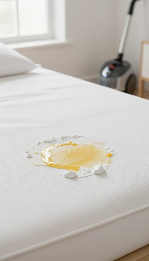 Applying baking soda and hydrogen peroxide paste on a mattress sweat stain