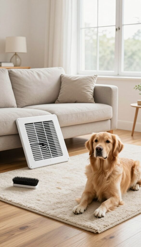 Clean living room with a pet-proof vent cover and a well-groomed dog sitting away from the vent, bright natural light.