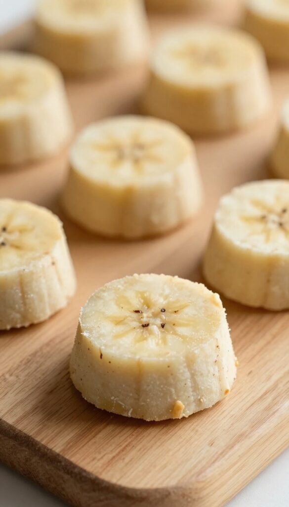 Small, round, peanut butter and banana no-bake dog treats on a wooden board.