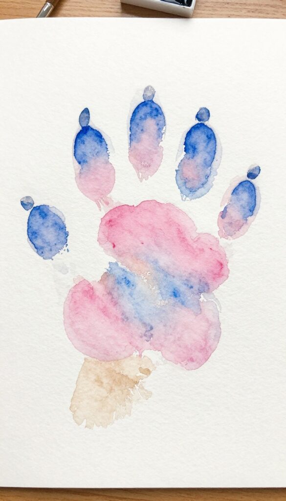 Watercolor paw print art on paper with paintbrush and watercolor set