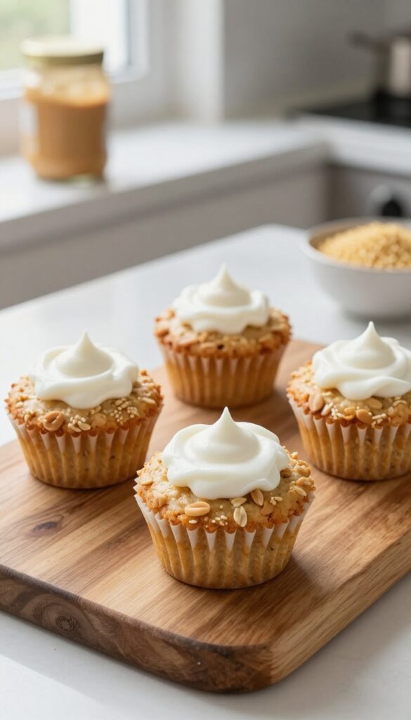 Three homemade peanut butter and millet mini pupcakes topped with yogurt frosting on a wooden board, dog treat photography.