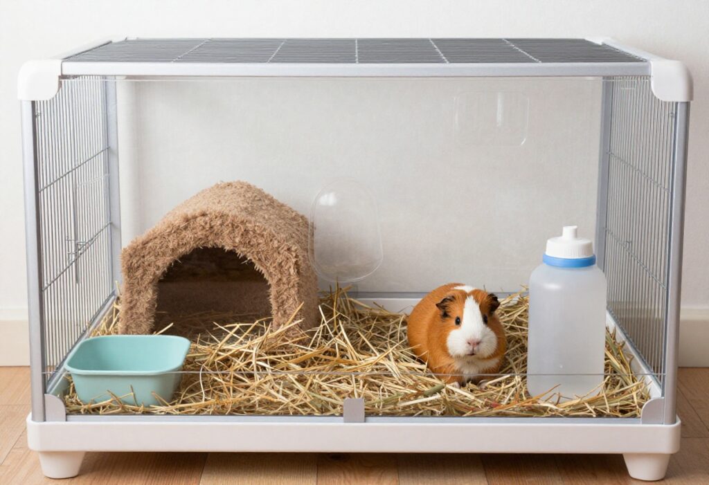 Guinea pig enclosure setup in a small room corner with multi-level cage and accessories