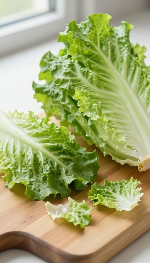 Fresh romaine lettuce leaves on a wooden cutting board