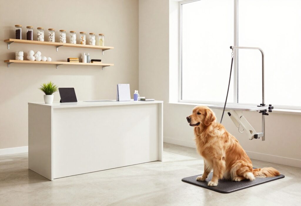 Clean and minimal dog grooming salon front desk with natural light, succulent, and golden retriever near grooming table