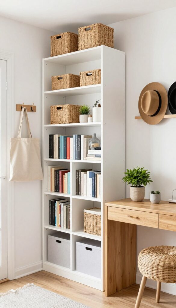 A bright bedroom with a tall bookshelf, floating shelves, and hooks on the back of the door, maximizing vertical storage space.