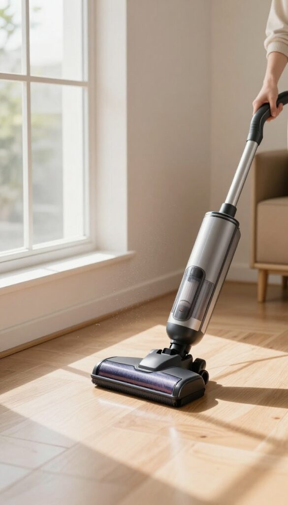 Person vacuuming along baseboard in bright living room with hardwood floors