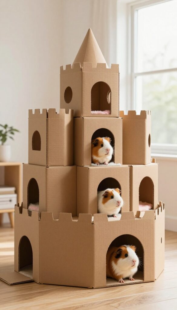 DIY cardboard box castle for guinea pigs with multiple levels, cut-out doors and windows, fleece linings, and guinea pigs exploring.