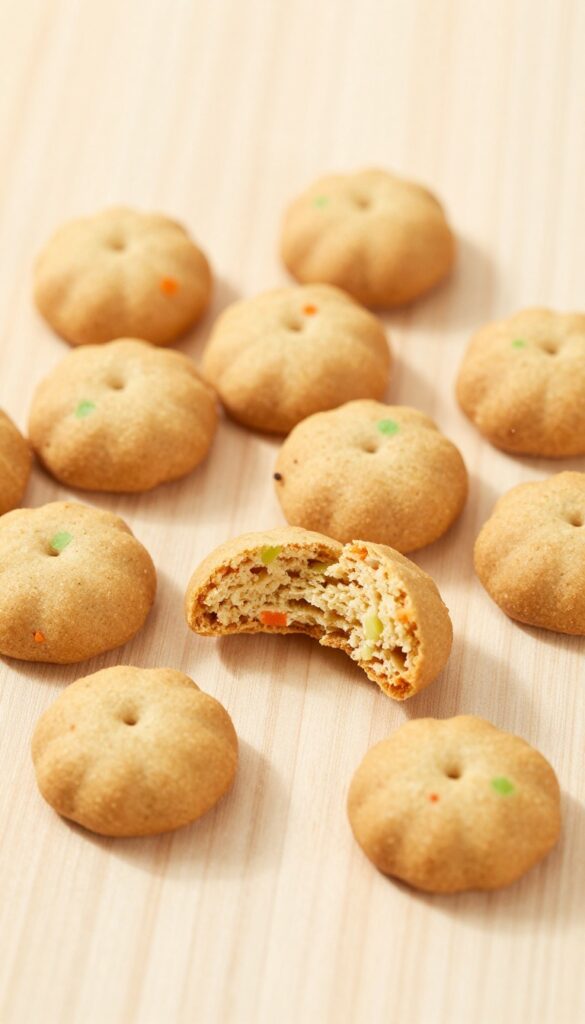 Homemade crunchy celery and carrot dog training biscuits on a wooden surface, some broken in half.