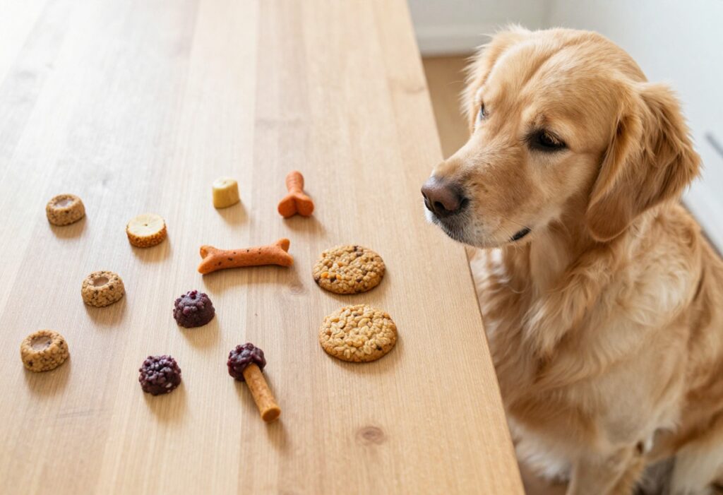 Homemade dog treats without peanut butter or pumpkin, including apple oat bites and sweet potato chews, with a golden retriever nearby.