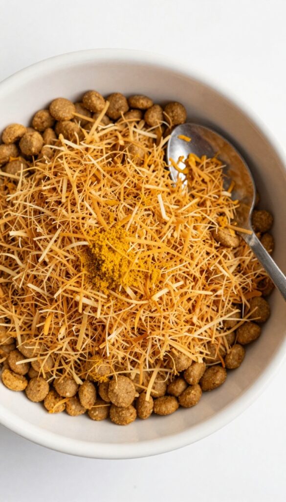 Dog bowl with kibble topped with coconut and turmeric topper