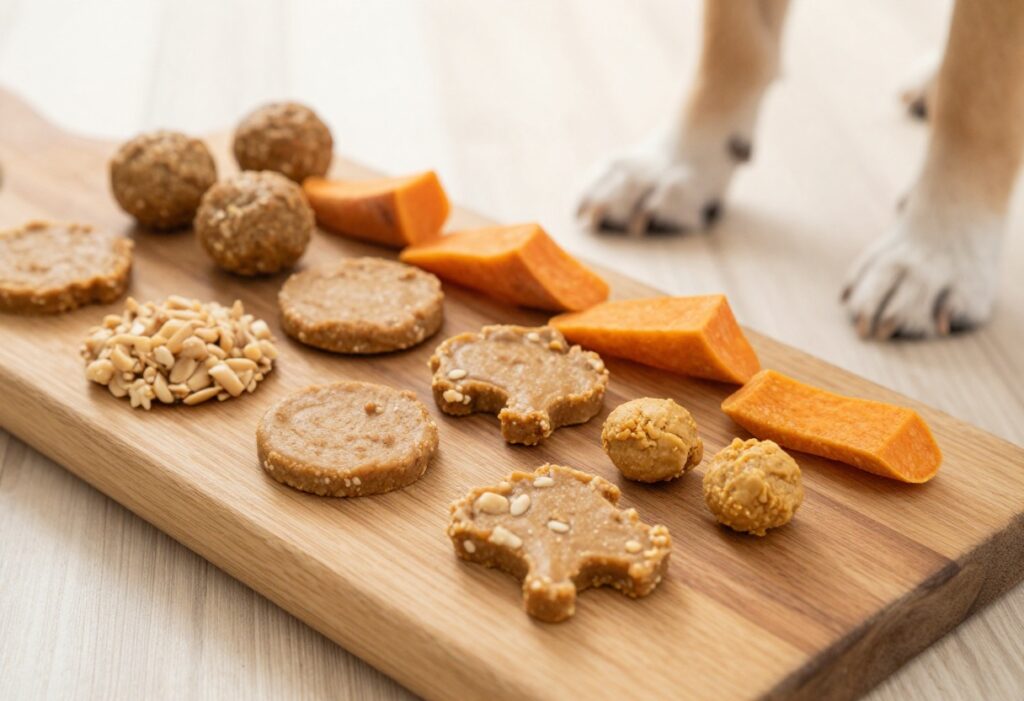 Homemade dog treats without banana or pumpkin arranged on a wooden board, including peanut butter oat bites, sweet potato chews, and chicken meatballs, with a dog's paw reaching for them.