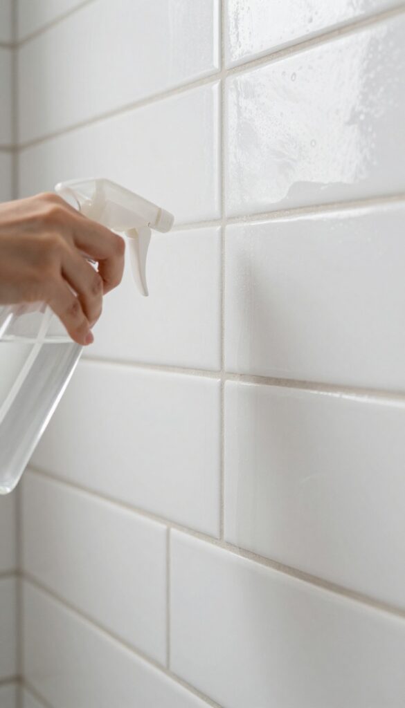 Spraying hydrogen peroxide on bathroom grout lines with a spray bottle