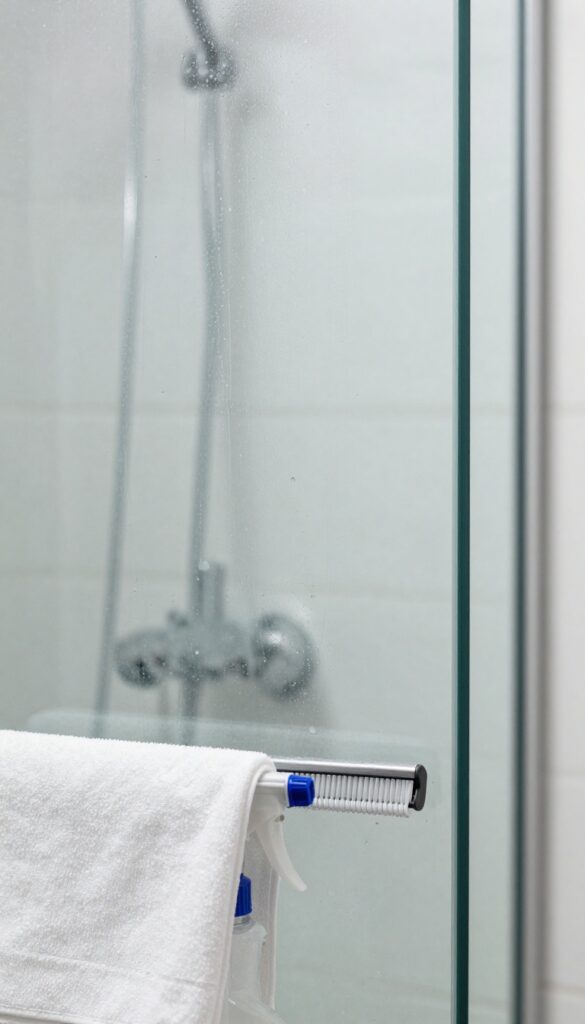 Cleaning a glass shower door with a spray bottle and microfiber cloth in bright natural light