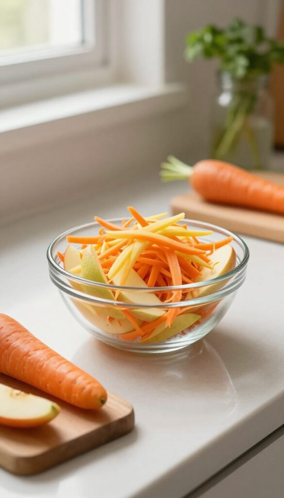 Shredded carrot and apple mix in a glass bowl on a kitchen counter with whole carrot and apple nearby