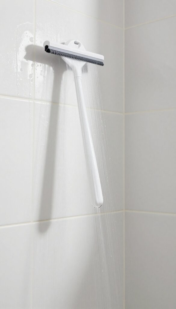 Squeegee hanging on a hook in a clean, dry shower corner with bright natural light