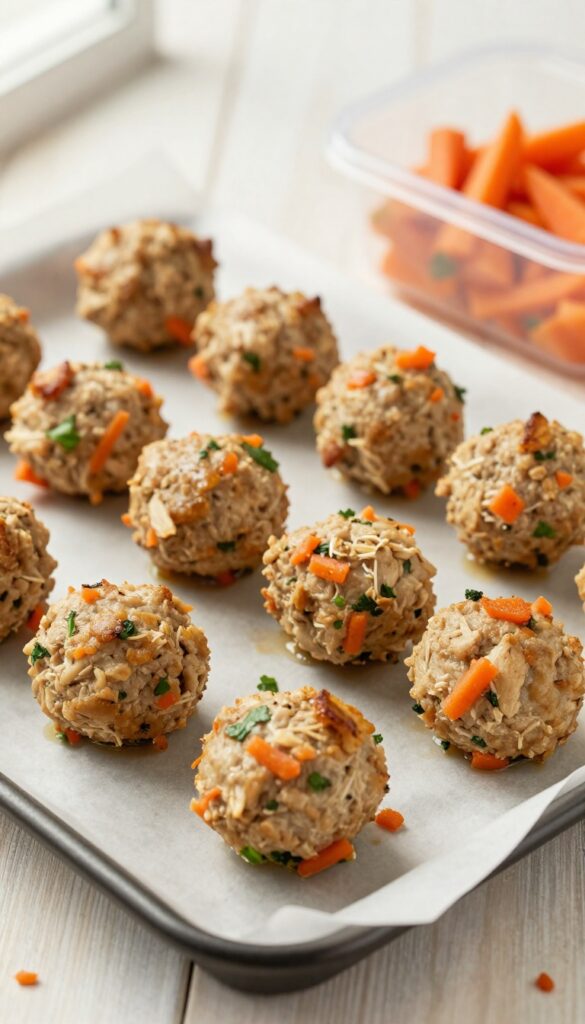 Baked chicken and carrot mini meatballs for dogs, arranged on a baking sheet and in a storage container, perfect for outdoor picnics.