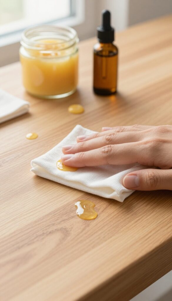 Hand applying beeswax polish to a wooden tabletop with a soft cloth, showing warm satin sheen and wood grain.