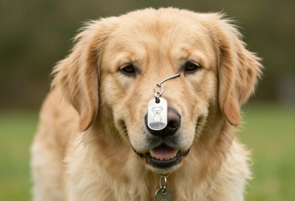Golden retriever wearing a personalized stainless steel dog tag on a leather collar