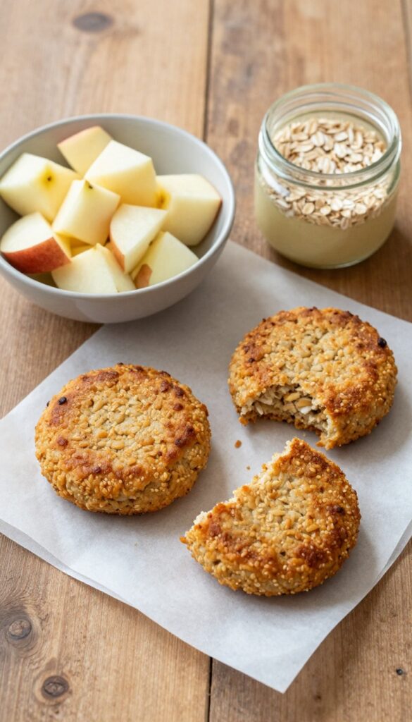 Homemade chicken and apple dog burger patties on parchment paper with ingredients nearby.